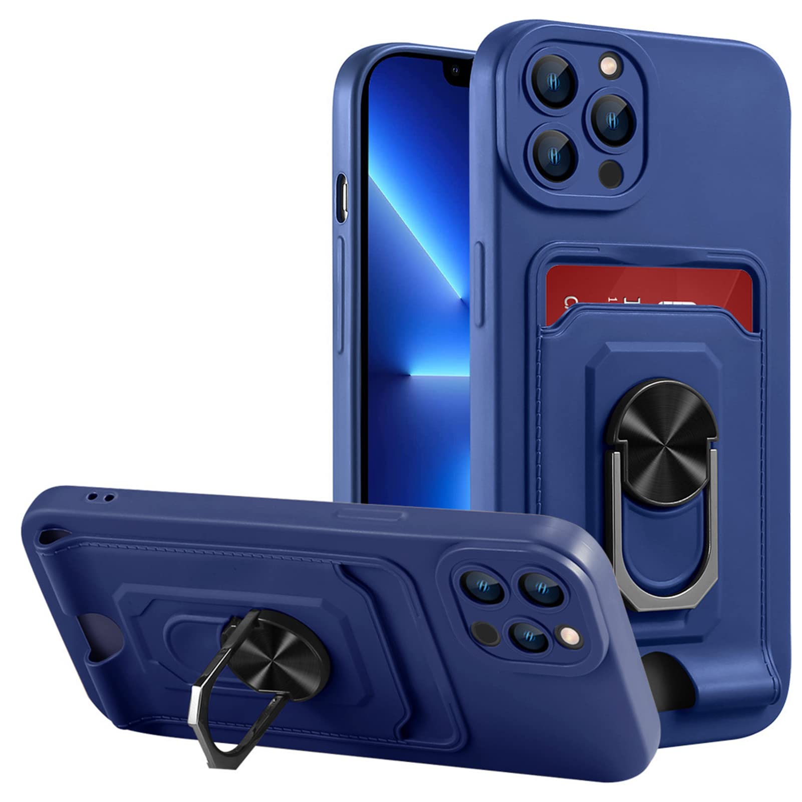 Cover per iPhone 14/14 Pro/14 Plus/14 Pro Max,Sottile Custodia, Protezione Lenti,PC E Silicone,Magnetico Anello Slot Per Schede Con Cordino,Per Ricarica Wireless,Blu,14 pro 6.1''