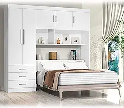 Guarda Roupa Casal com Cabeceira Baú 5 Portas 3 Gavetas e Prateleiras Cancun Siena Móveis Branco