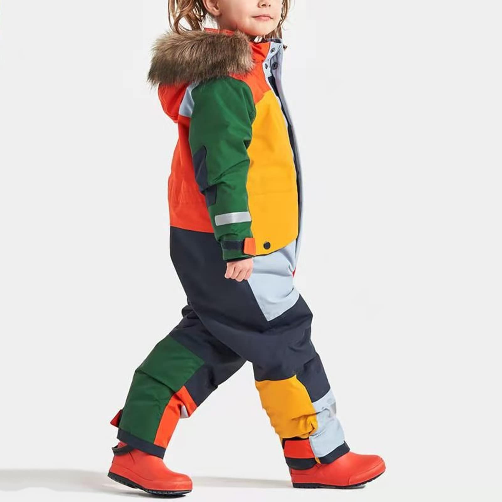Crivit Tuta da sci per bambini e bambine, con cappuccio, colletto in pelliccia, pantaloni da sci, giacca e pantaloni da sci per attività all'aria aperta, calda e antivento, multicolore, 11