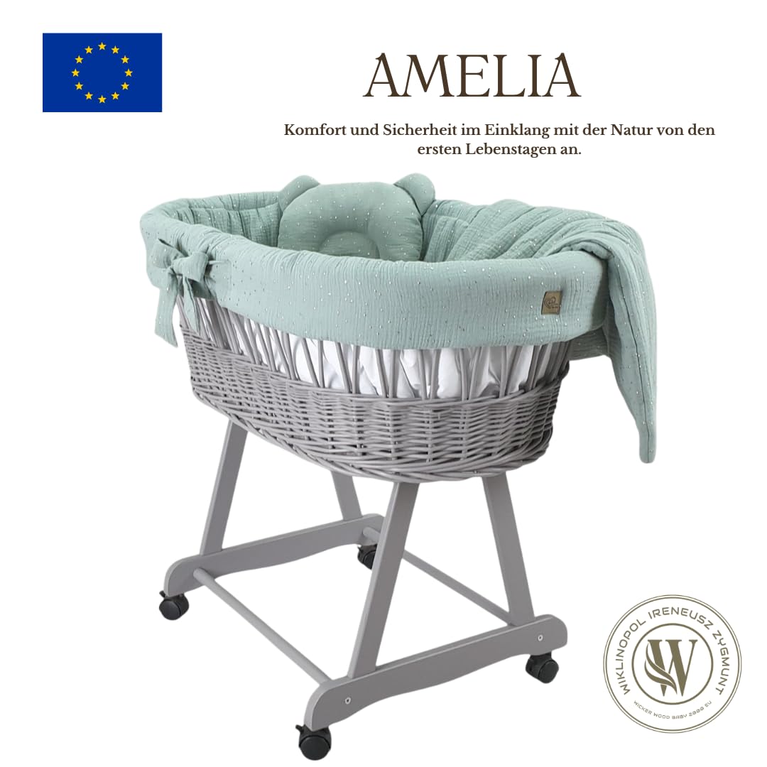WIKLINOPOL Baby Stubenwagen – Komplettset mit Grauer Moseskorb, Matratze & Bettwäsche aus 100% Baumwolle in Khaki Gold– sicherer Schlafplatz mit Rollen & Bremse – Modell Amelia