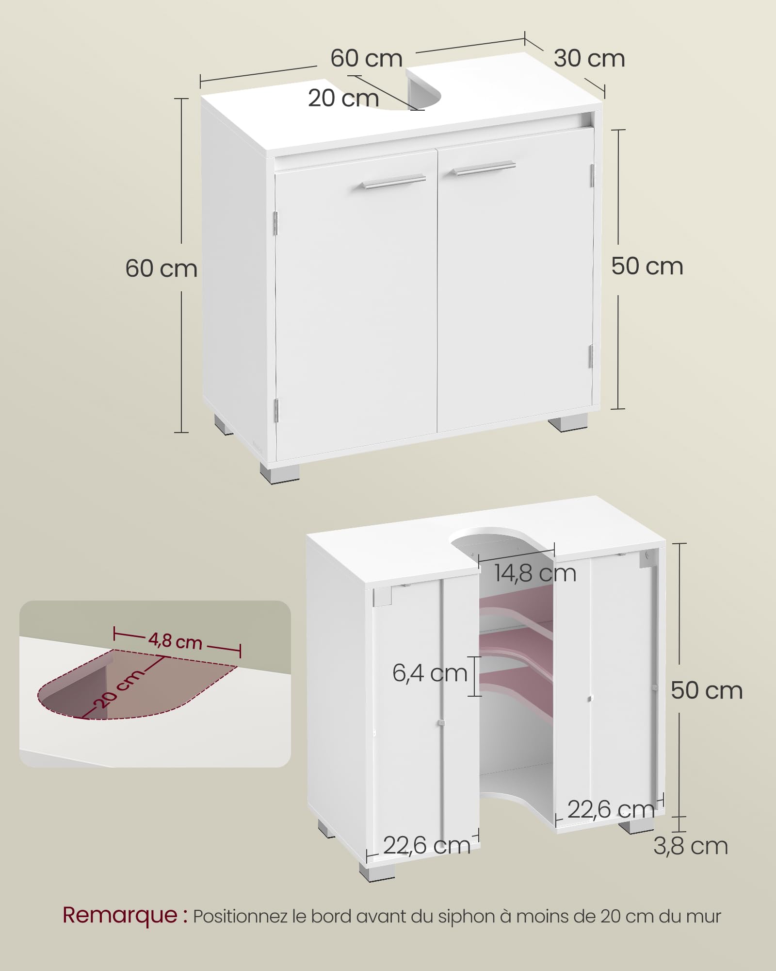 VASAGLE Meuble sous Lavabo, Meuble de Salle de Bain, 2 Compartiments derrière Les Portes, pour Divers Types de Lavabos, avec Pieds, 30 x 60 x 60 cm, Blanc Nuage BBK506W01
