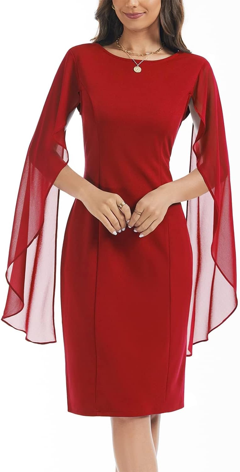 HELYO Women's Chiffon Cloak Sleeve Mini Cape Dress V-Back Semi-Formal Elegant Bodycon Wedding Guest Evening Cocktail Dresses - Image 4