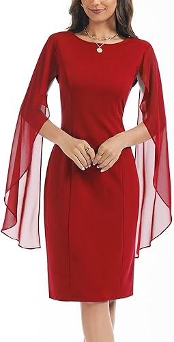 Miniatura 4 de HELYO Vestido corto de gasa con manga de capa para mujer con espalda en V semiformal elegante ajustado para invitadas de boda noche cóctel