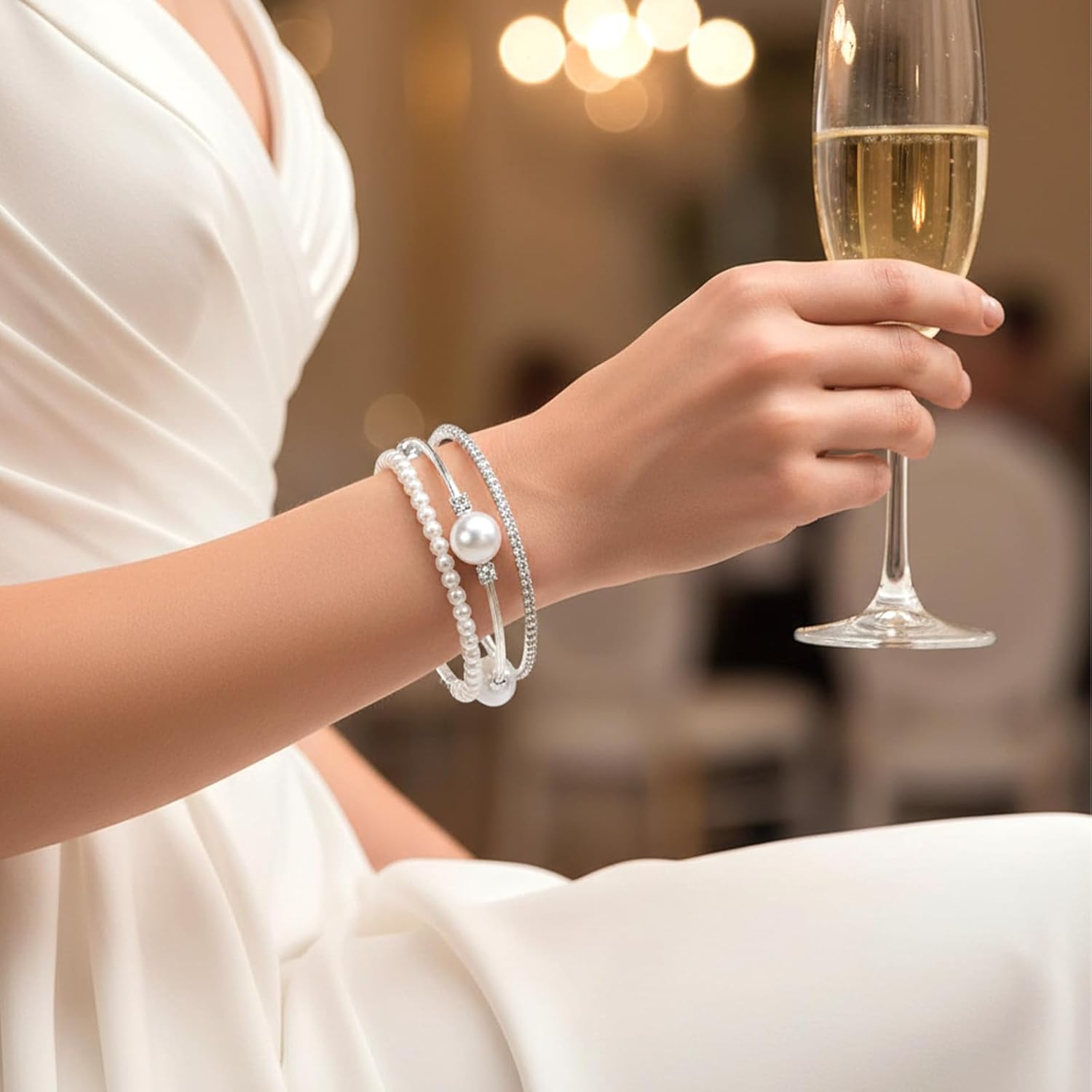 Silver Cuff Bracelets Pearl Rhinestone Bracelet for Women Stackable Bangle Bracelet Stretch Multilayer Bridal Wedding Layered Bracelets Jewelry Decoration - Image 7