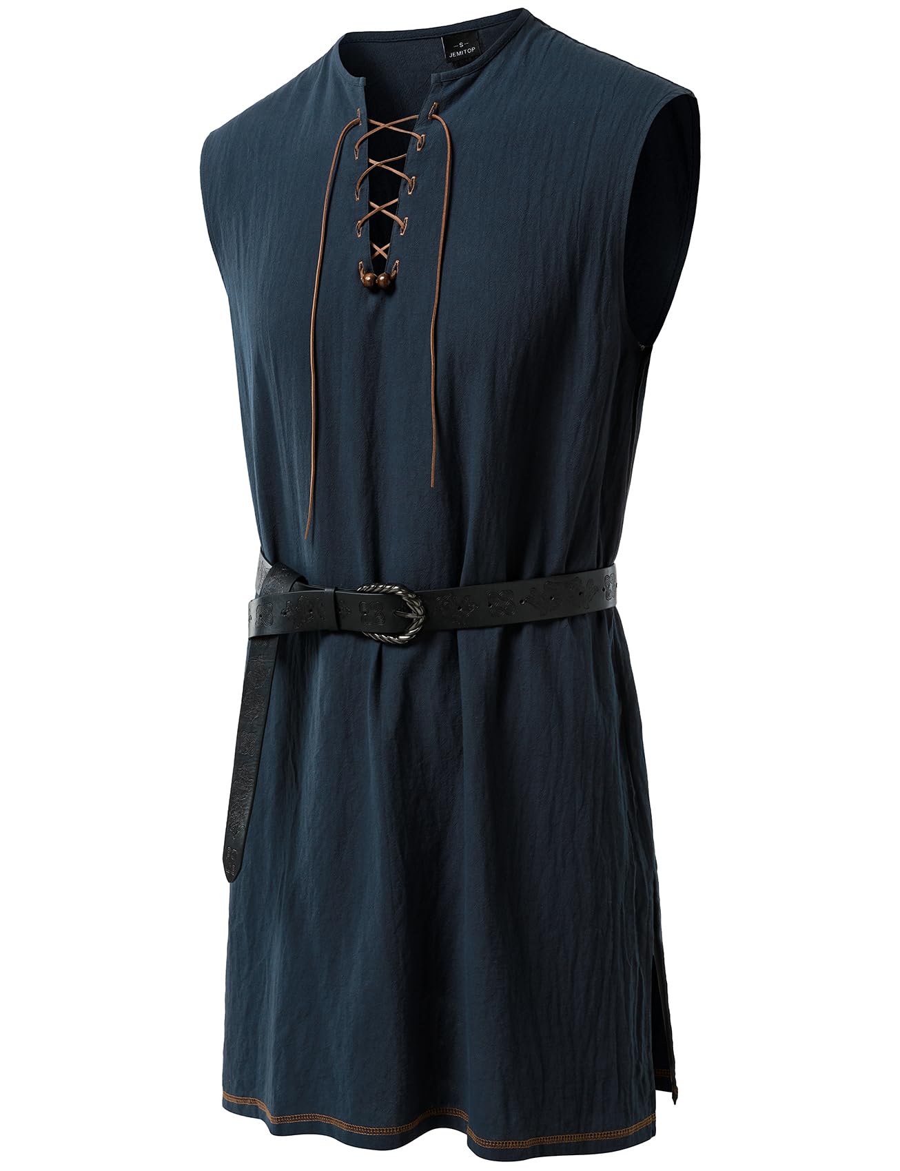 JEMITOP Men Renaissance Medieval Viking Tunic Costume Shirt, Navy Blue, Medium