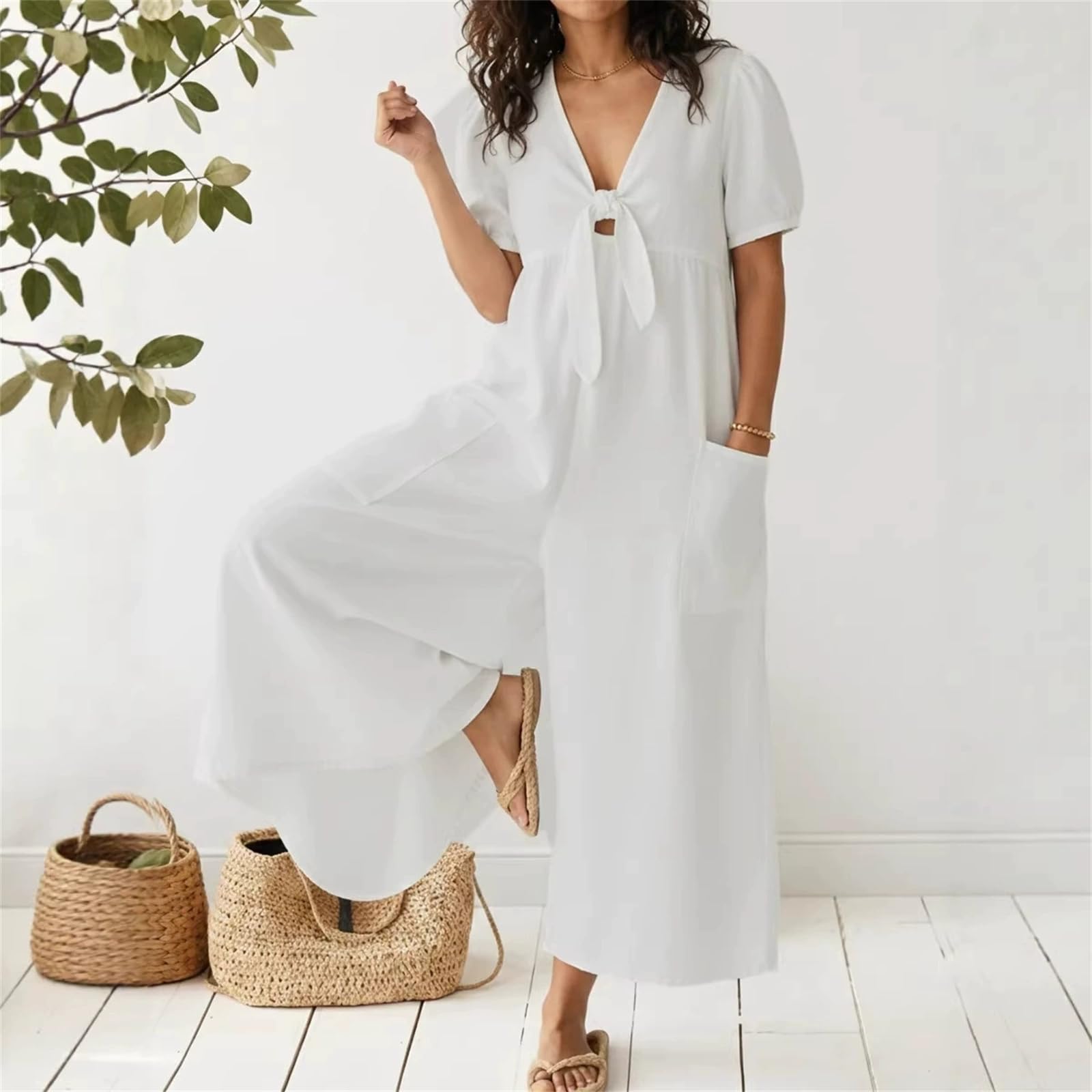 Combinaison en Jean pour Femmes à Manches Bouffantes, à Nouer sur Le Devant, Pantalon Large, Une pièce pour Un Style Estival décontracté