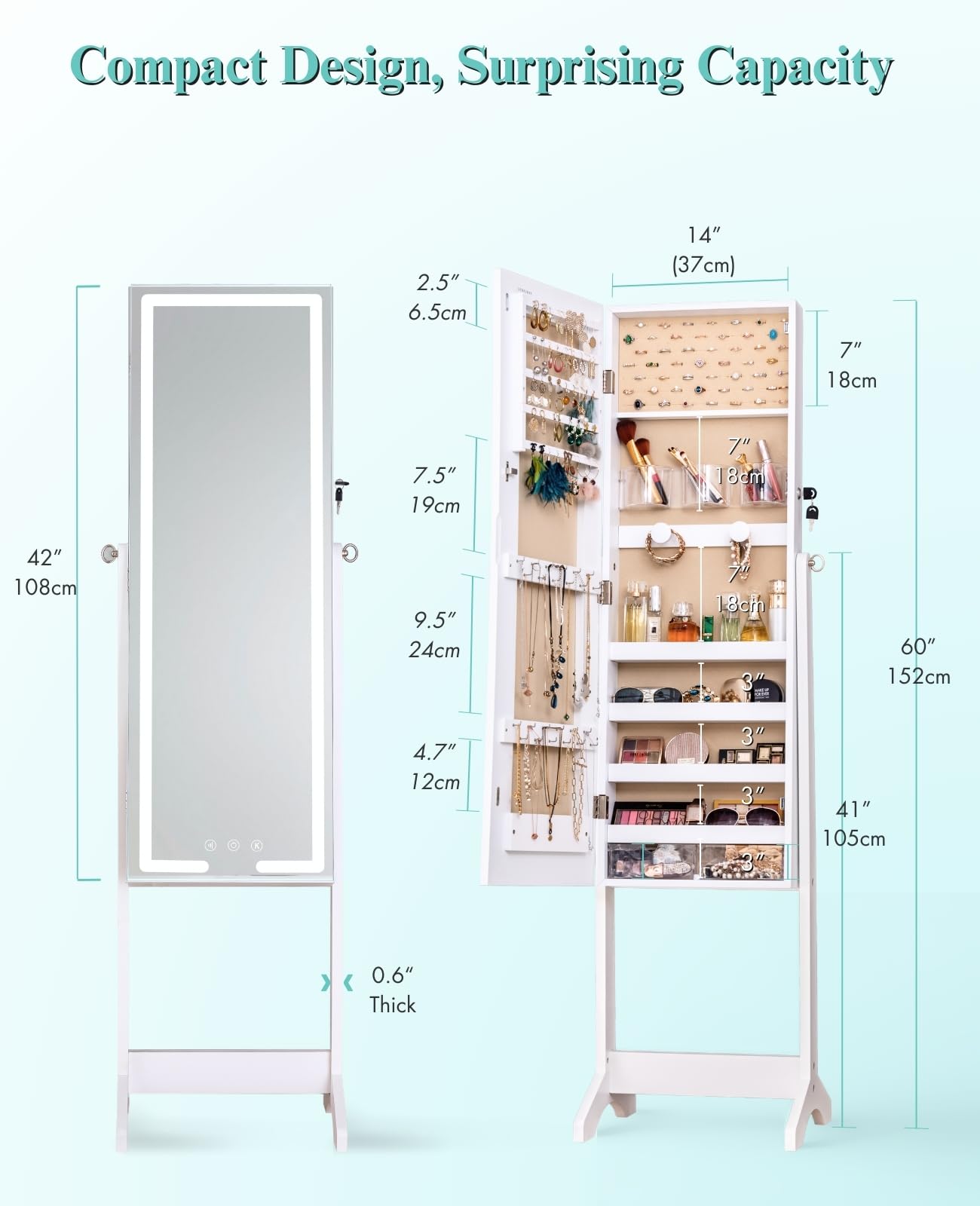 LUXFURNI Miroir LED sur pied, armoire à bijoux, miroir pleine longueur avec rangement de bijoux, 3 modes de couleur, 3 angles réglables, miroir de rangement verrouillable, blanc
