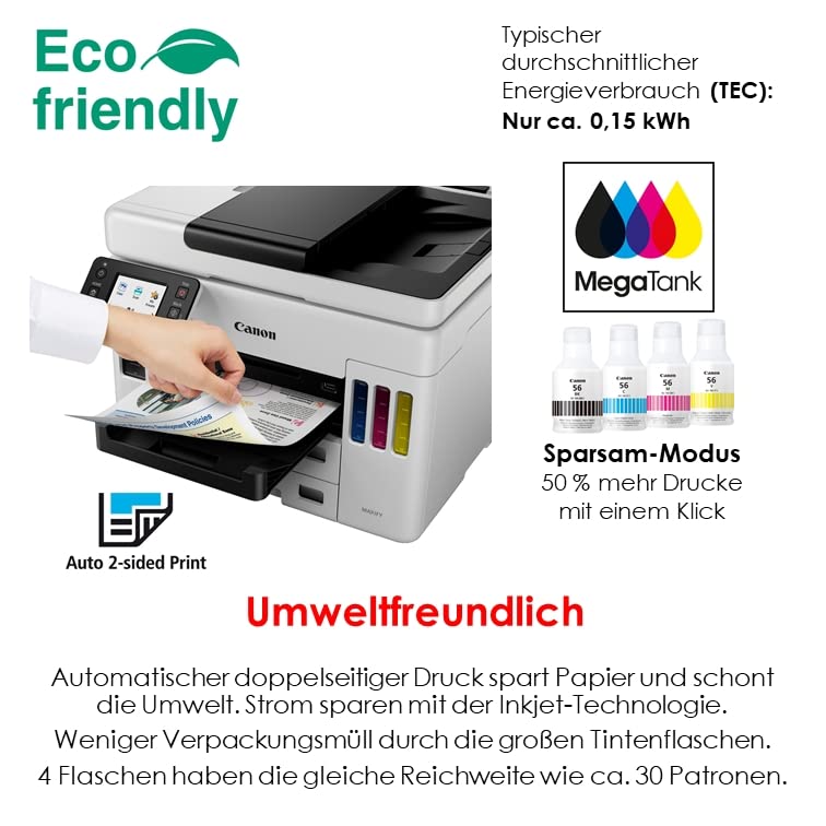 Canon MAXIFY GX7050 MegaTank Multifunktionsdrucker 4in1 (Tintenstrahl, Drucken, Kopieren, Scannen, Faxen, A4, WLAN, LAN, 6,7 cm LCD Touch, Duplex-Druck und -Scan, niedrige Druckkosten, 600 Blatt) weiß – Bild 3