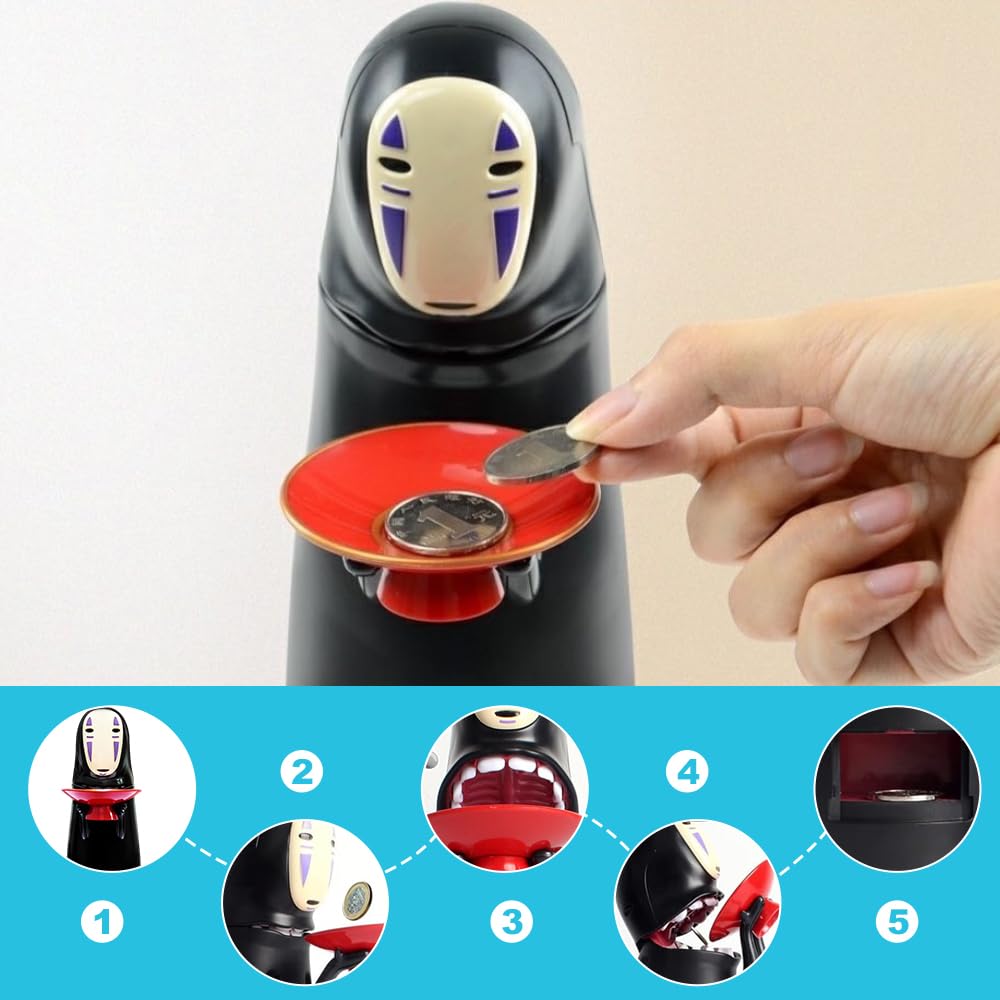 Salvadanaio Maschio Senza Volto Di Cartone Animato, Anime Monete Salvadanaio, Salvadanai per Bambini con Effetti Sonori, Ingoiare Automaticamente le Monete, Movimento Flessibile per Bambini