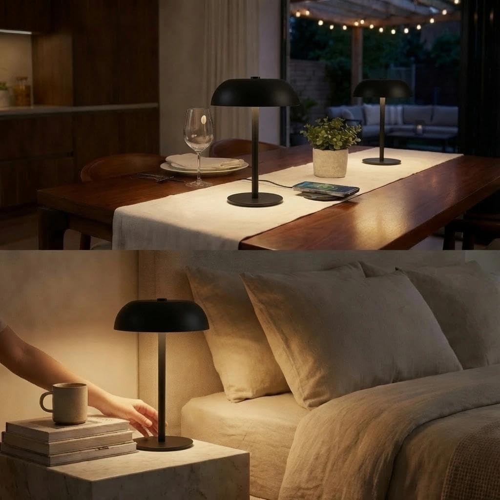 2 Pack Portable LED Mushroom Table Lamp, Metal Cordless Desk Night Light, Stepless Dimming Touch Lamp with 3 Colors for Bedroom Bedside Restaurant Bar, Black image 5