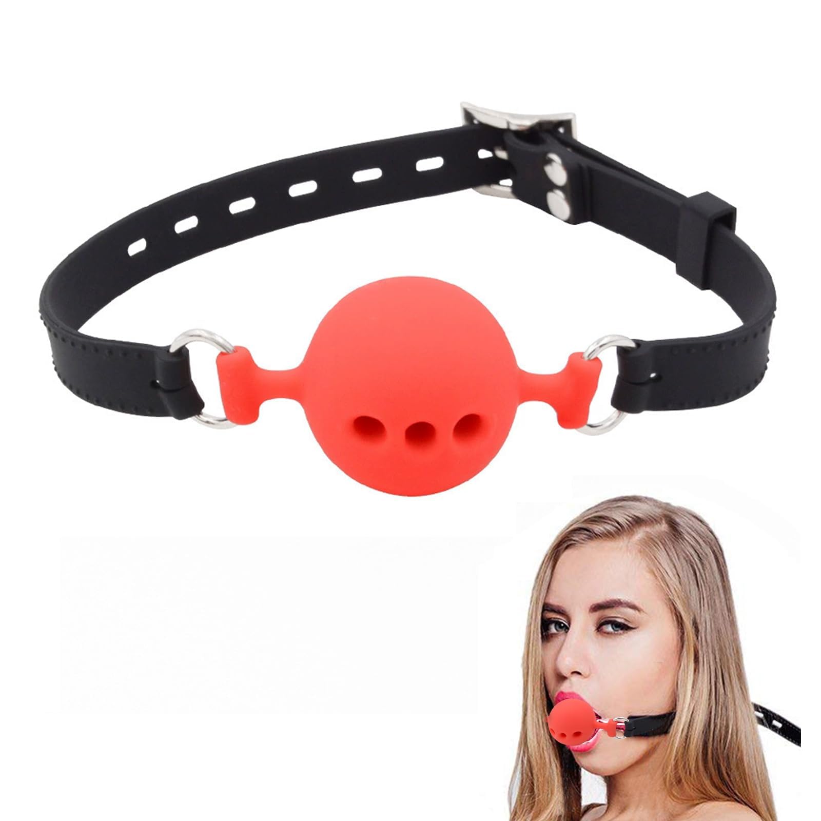 DFsucces Leather Restraints Ball Mouth Plug Silicone Bondage Ball Gag Hollowed-Breathable Silicone Sex Gag Muzzles Adjustable Strap Bondage Harness Restraints-S(BO5)