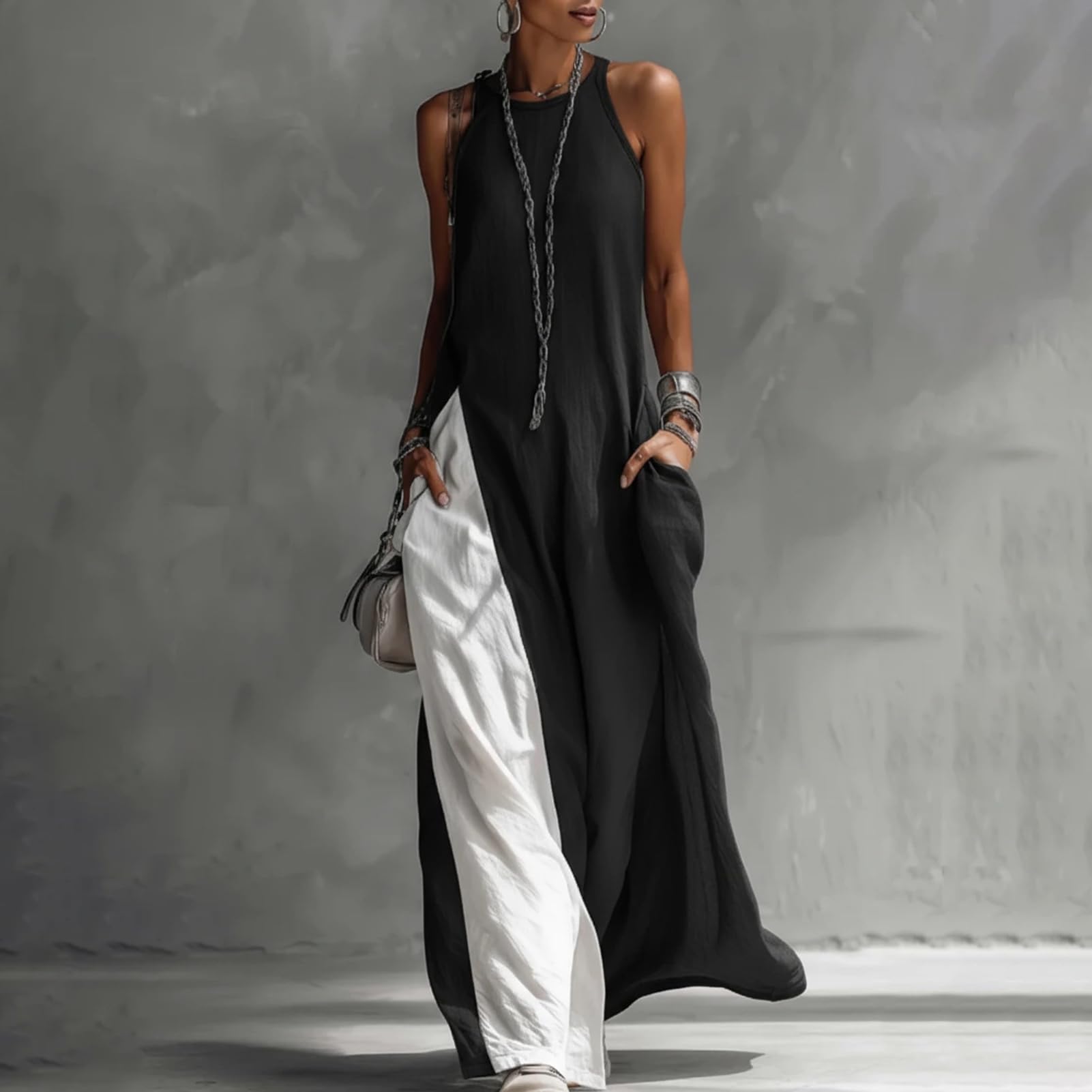 Maxi abito estivo da donna, senza maniche, girocollo, con spacco laterale, con tasche, casual, spiaggia, vacanze, uso quotidiano, leggero, morbido, vestibilità larga, comodo, da donna