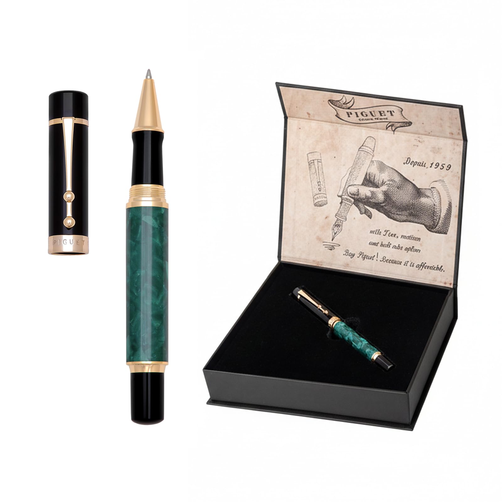 Piguet - Bolígrafo de lujo y pluma estilográfica con punta chapada en oro (Bolígrafo Rollerball, Marble Vert)