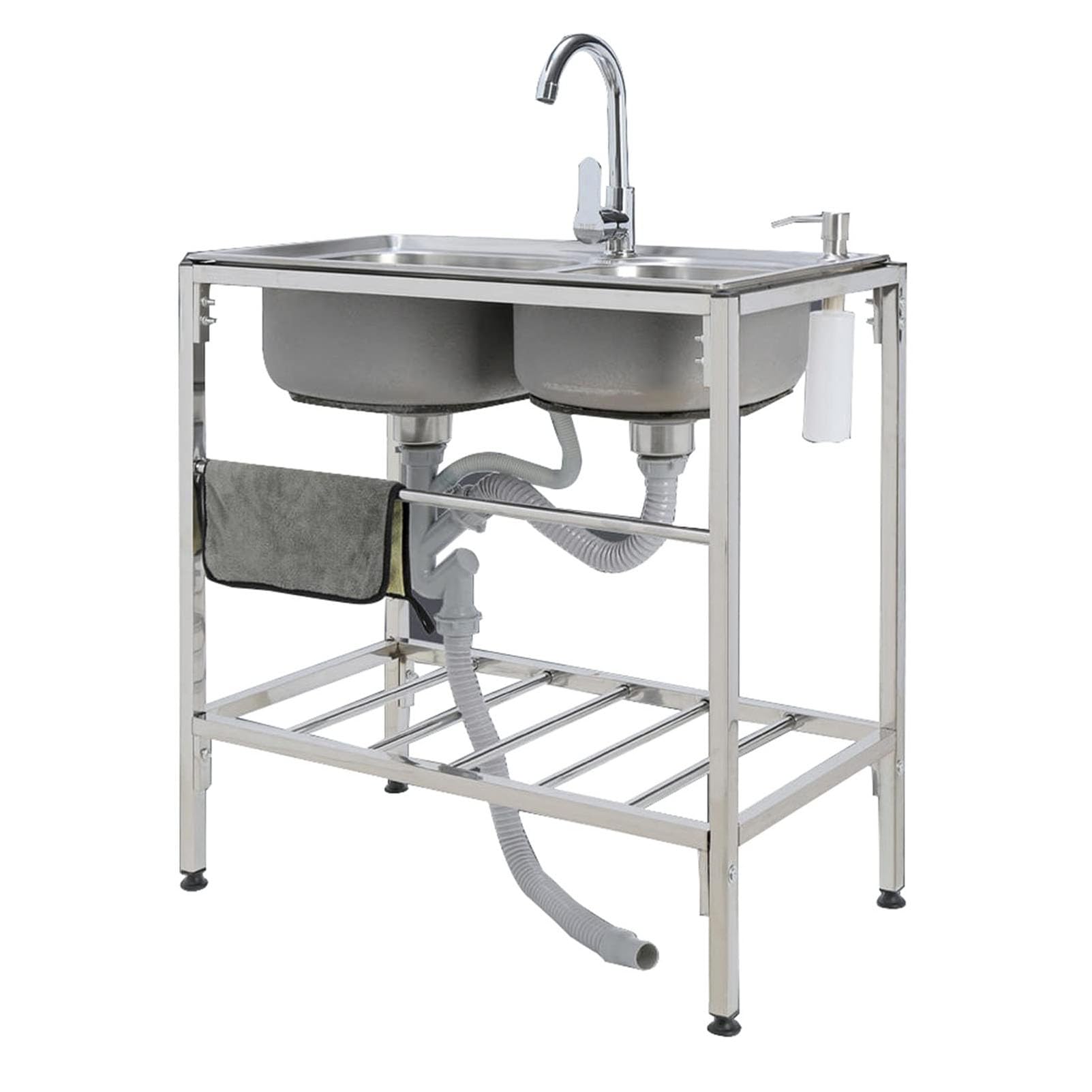 LMYSXAOZ Utility Sinks for a Laundry Room Double Bowl Stainless Steel Kitchen Sink，freestanding Outdoor Sink with Storage Shelve
