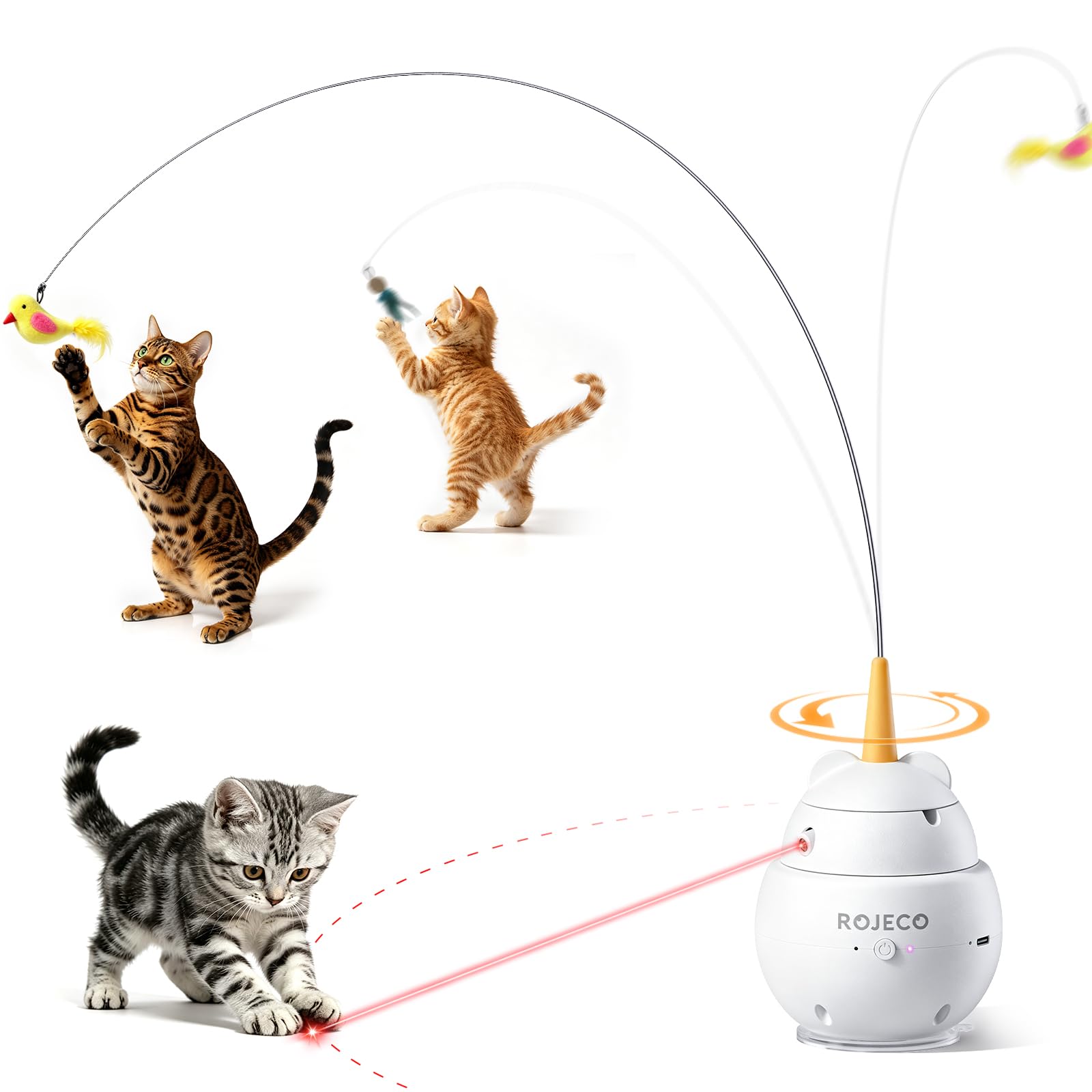 ROJECO Versione Migliorata – Giocattolo Interattivo per Gatti con Laser Rotante 360 & Canna da Pesca 2in1, Ricaricabile USB-C, 3 Modalità, Ventosa Potente, Spegnimento Automatico Intelligente