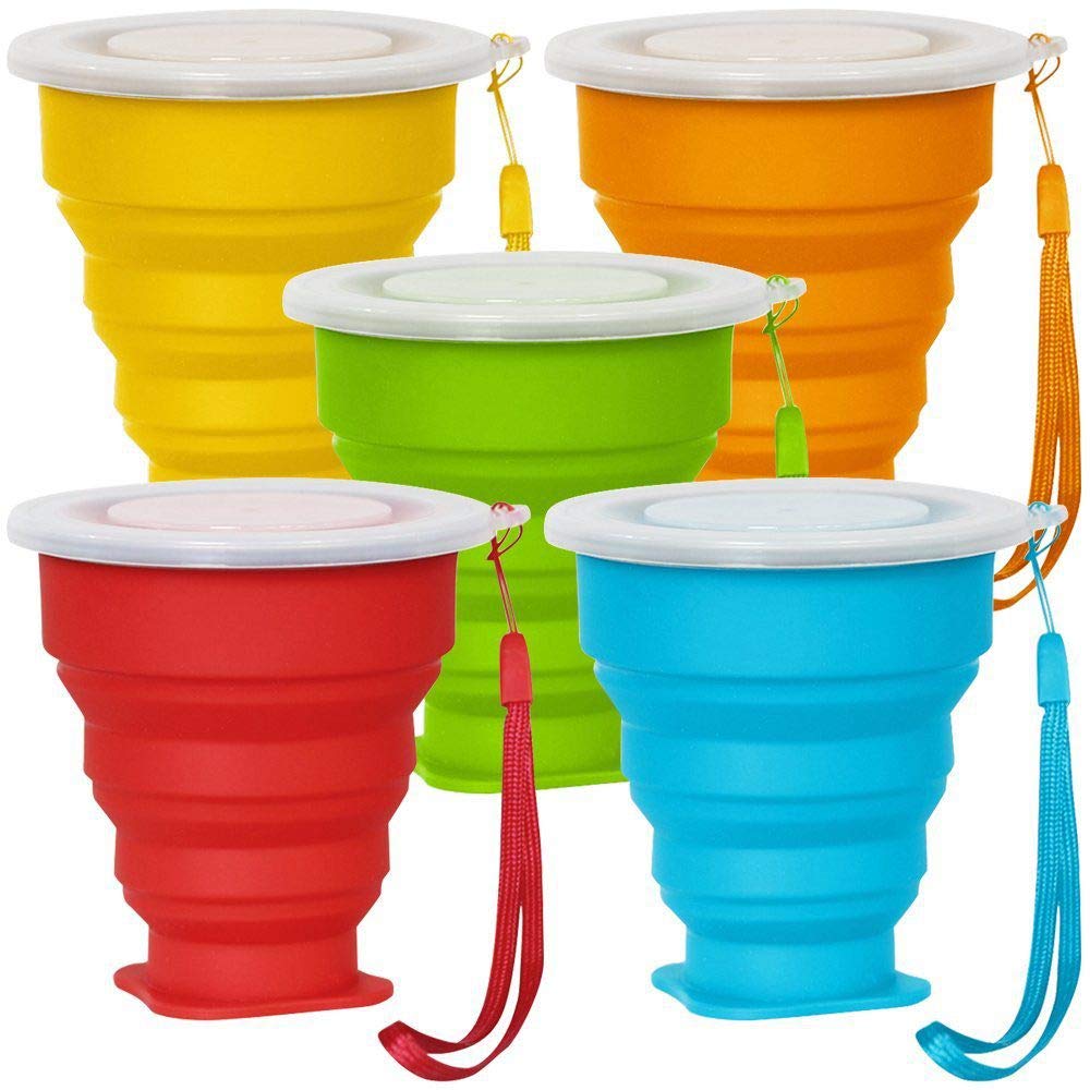Senhai Tazza da Viaggio Pieghevole a 5 Pacchetti con Coperchio, Tazza Pieghevole Pieghevole 6Oz, Retraibile per Escursionismo Picnic Camping - Blu, Verde, Giallo, Arancione, Rosso