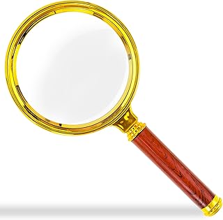 10x Handheld Magnifier, Reading Magnifier for Children Elderly for Hobbies and Science, 80mm Plastic Gold Plated Frame Electroplated Faux Wood Grain Handle