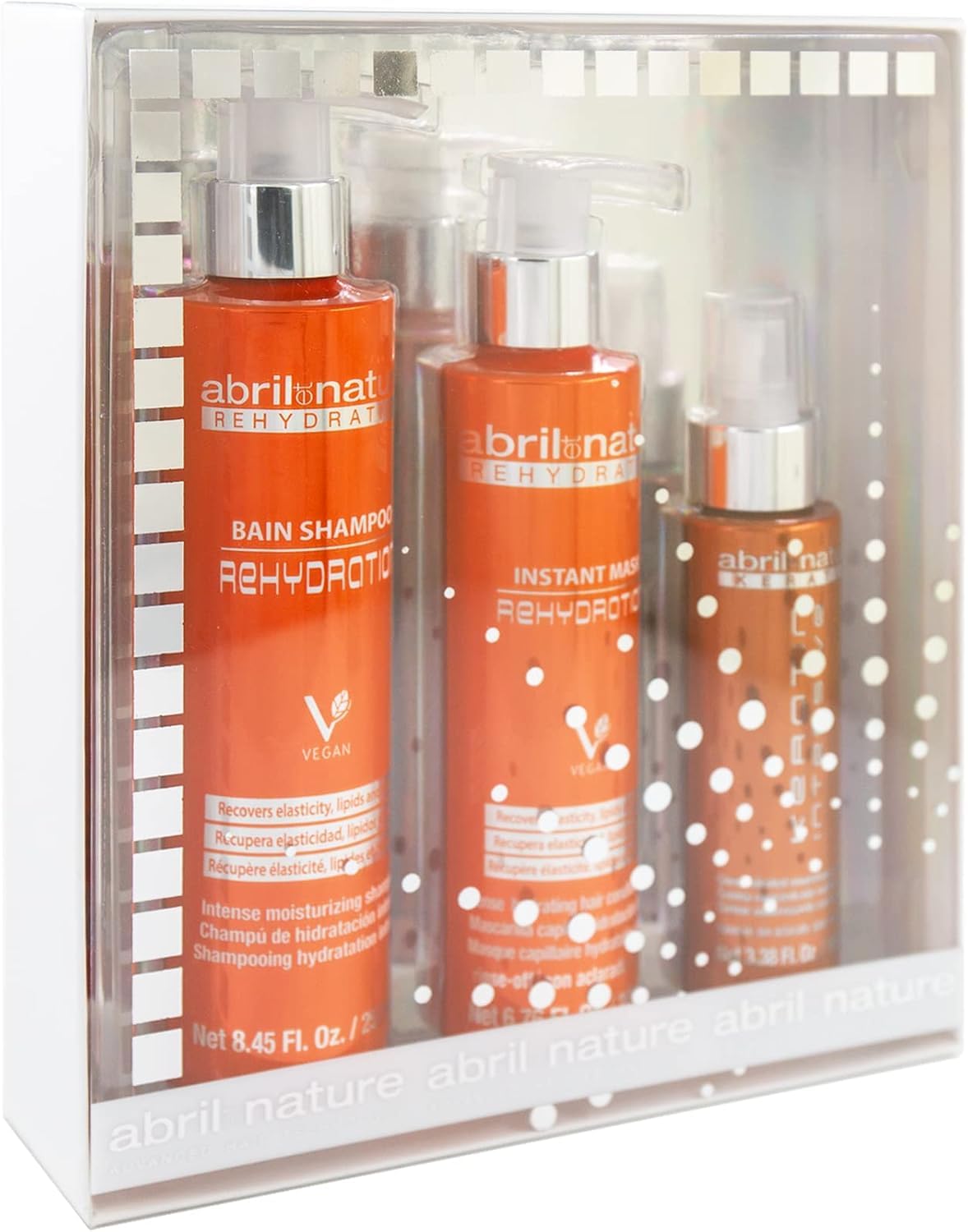 abril et nature - Haarpflege-Set Rehydration - Maximale Feuchtigkeit für trockenes Haar - Shampoo-, Maske- und Serum-Set - Stellt Flexibilität und Aussehen des Haares wieder her - 550 ml
