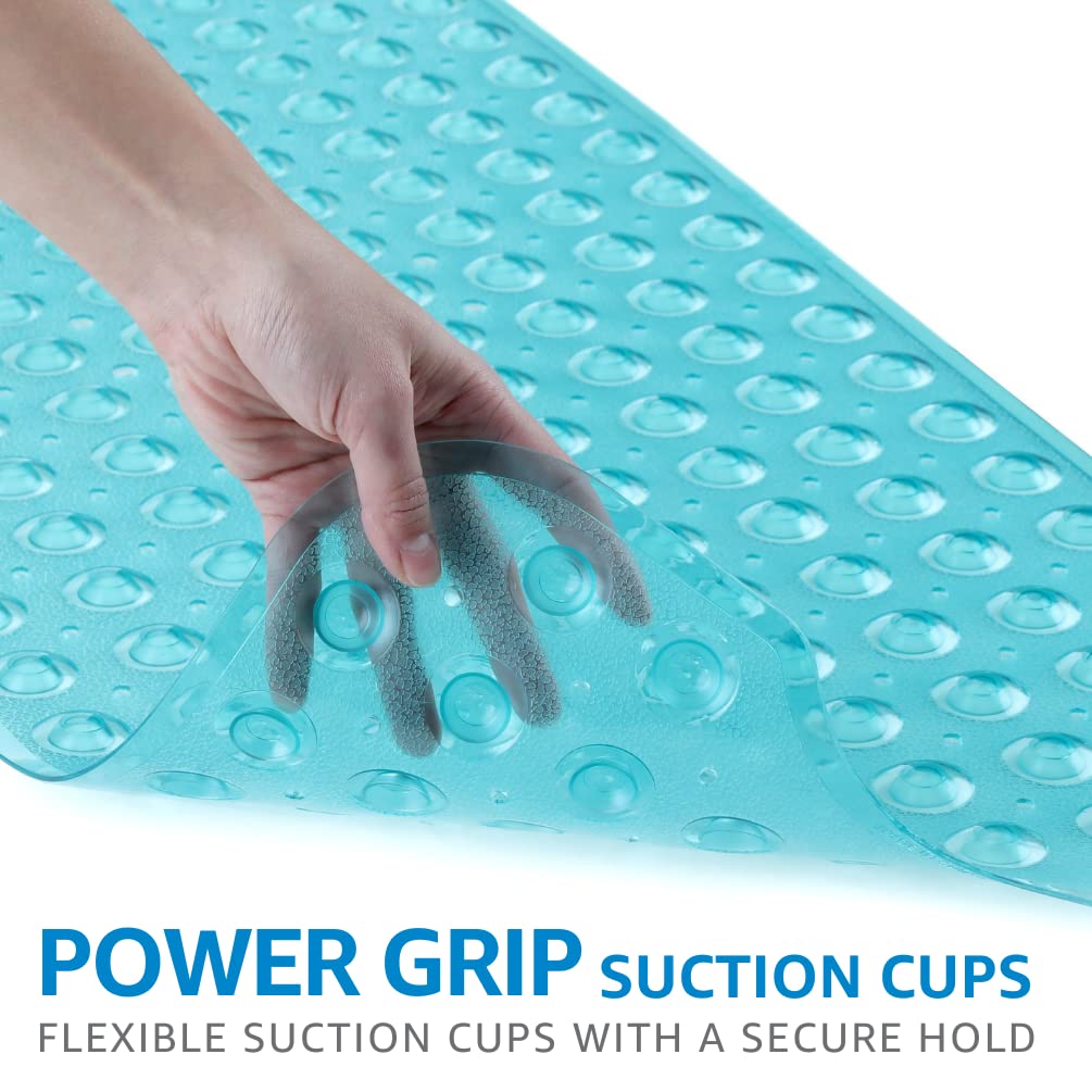 SlipX Solutions Power Grip Extra Long Bath Tub & Shower Mat 39x16, Wet Floor Non-Slip for Elderly & Kids Bathroom, 30% Longer Bathtub Mats, 200 Suction Cups, Drain Holes, Machine Wash, Aqua