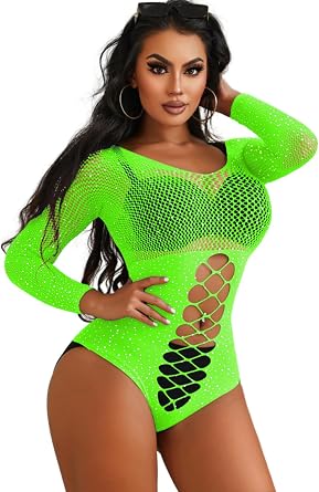 Kaei&Shi Sparkly Rhinestone Fishnet Bodysuit,Sexy Rave Outfits,Women Cut Out Mesh Sheer Body Suit