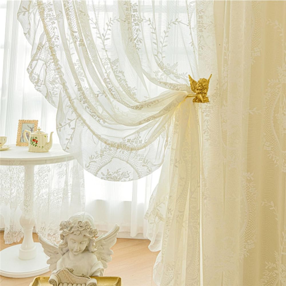 Retro French Princess Style Floral Embroidery Sheer Lace Curtain with Ruffle for Bedroom Living Room Rod Pocket Top 2 Panels (White,W79 x L102 inch - 2 Panels)