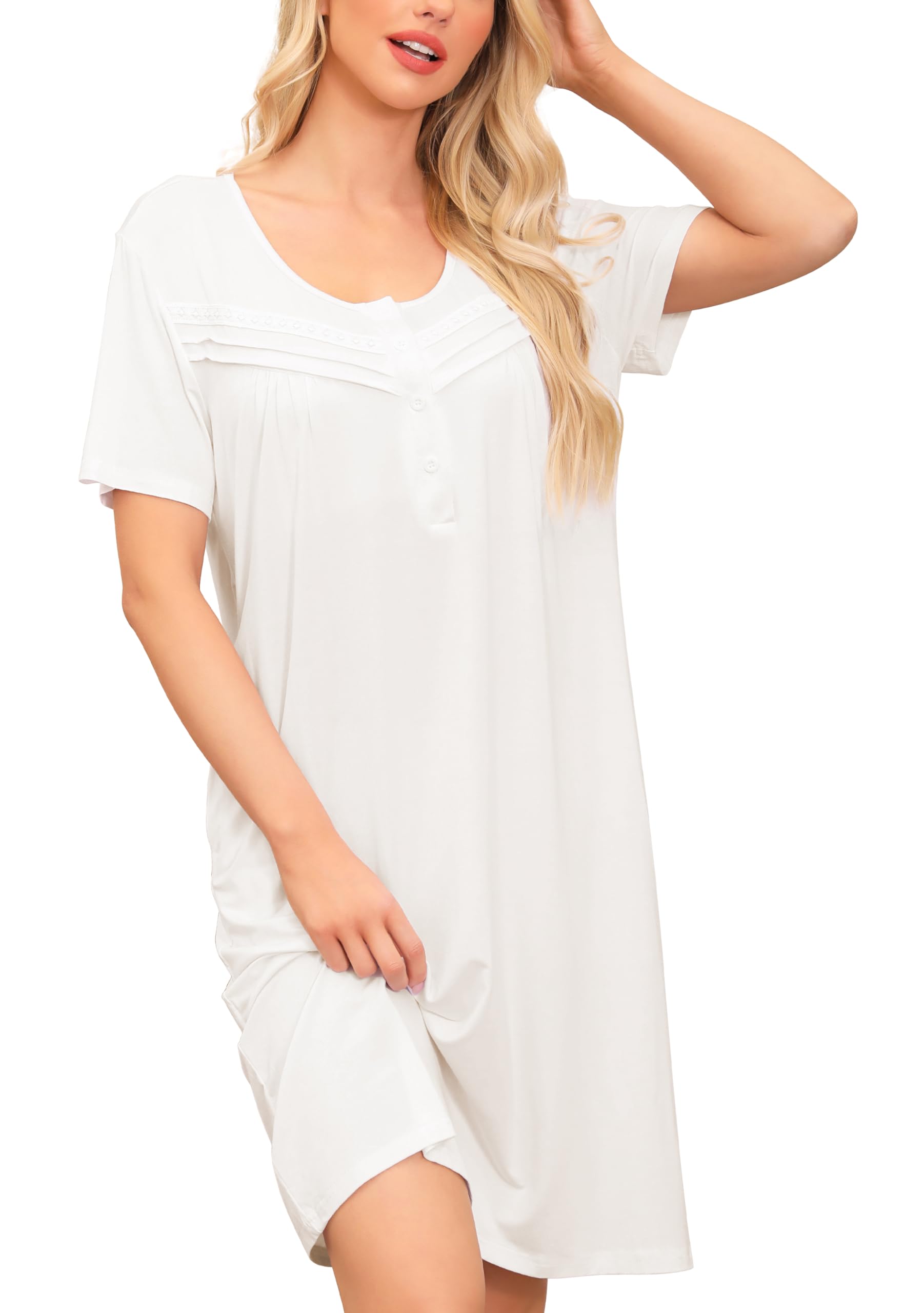 Vlazom Camisones para Mujer, Camisón de Algodón de Manga Corta, Ropa de Dormir de Verano para Mujer con Bolsillos Laterales S-XXL
