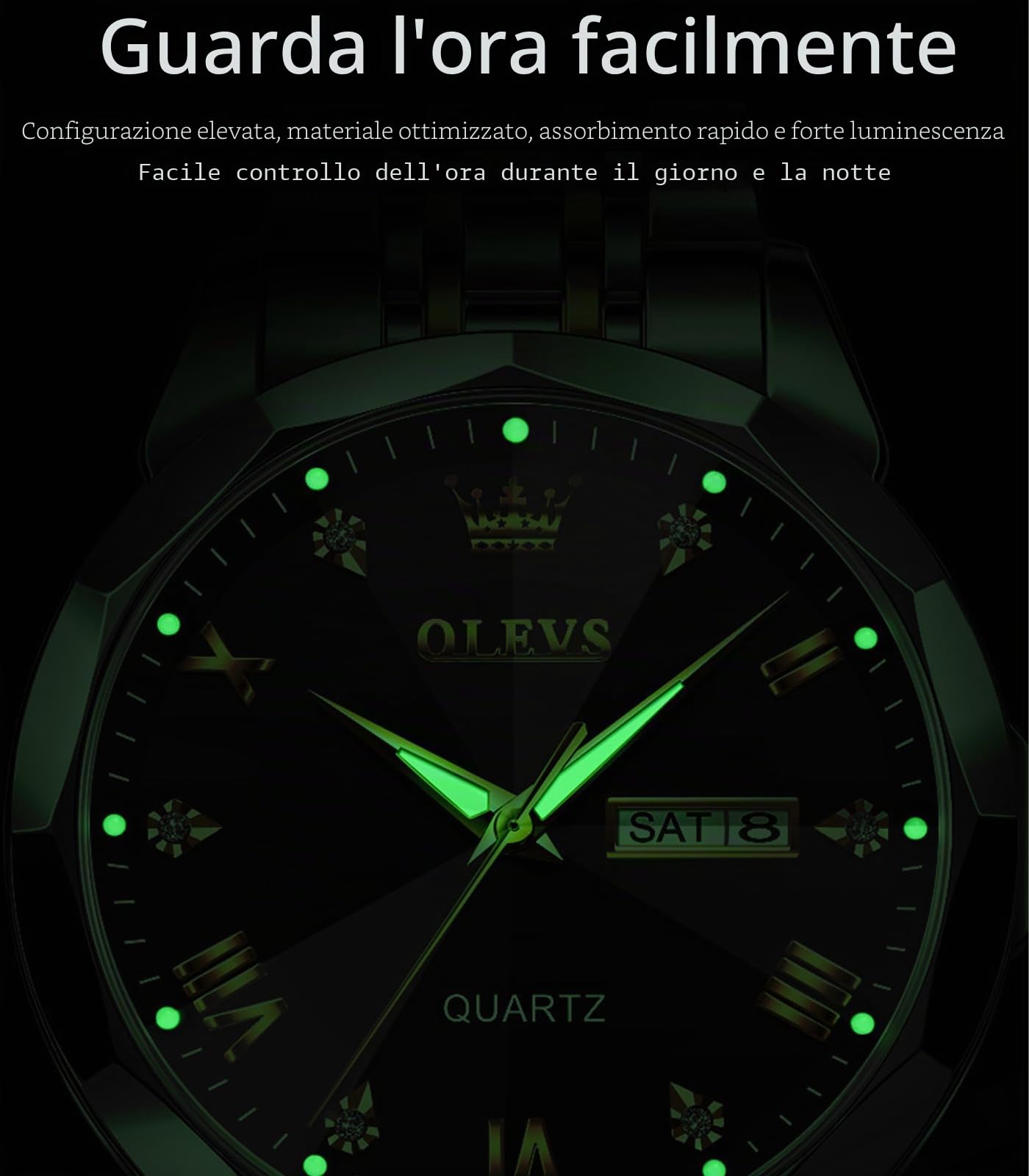 OLEVS Orologio da uomo con diamanti per affari, orologio analogico al quarzo in acciaio inossidabile, impermeabile, luminoso, con data, due toni, orologio da polso casual di lusso