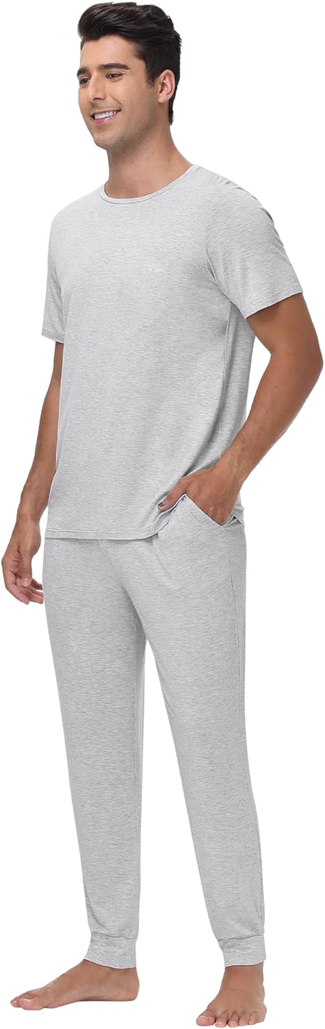 WiWi Men's Pajama Sets Viscose from Bamboo Sleepwear Short Sleeve Top and Pants Pjs Sets with Pockets Drawstring S-XXL - Image 4