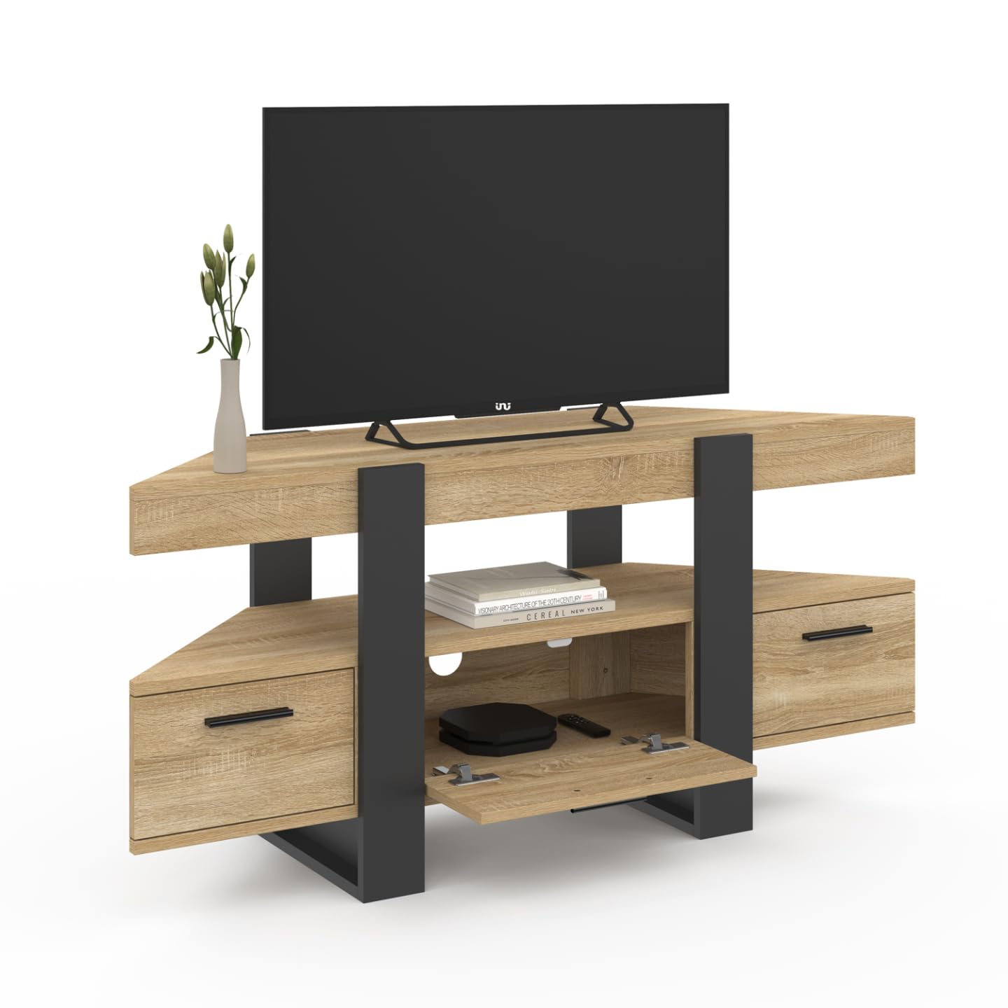 IDMarket Phoenix - Mueble para TV (110 cm, esquinero con cajón, madera y negro), color negro