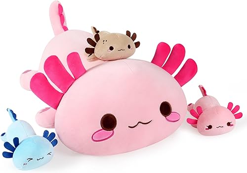 Onsoyours Axolotl - Animal de peluche de 19.7 pulgadas con 3 peluches de axolote en la barriga, 4 piezas de lindos juguetes de almohada de ajolote