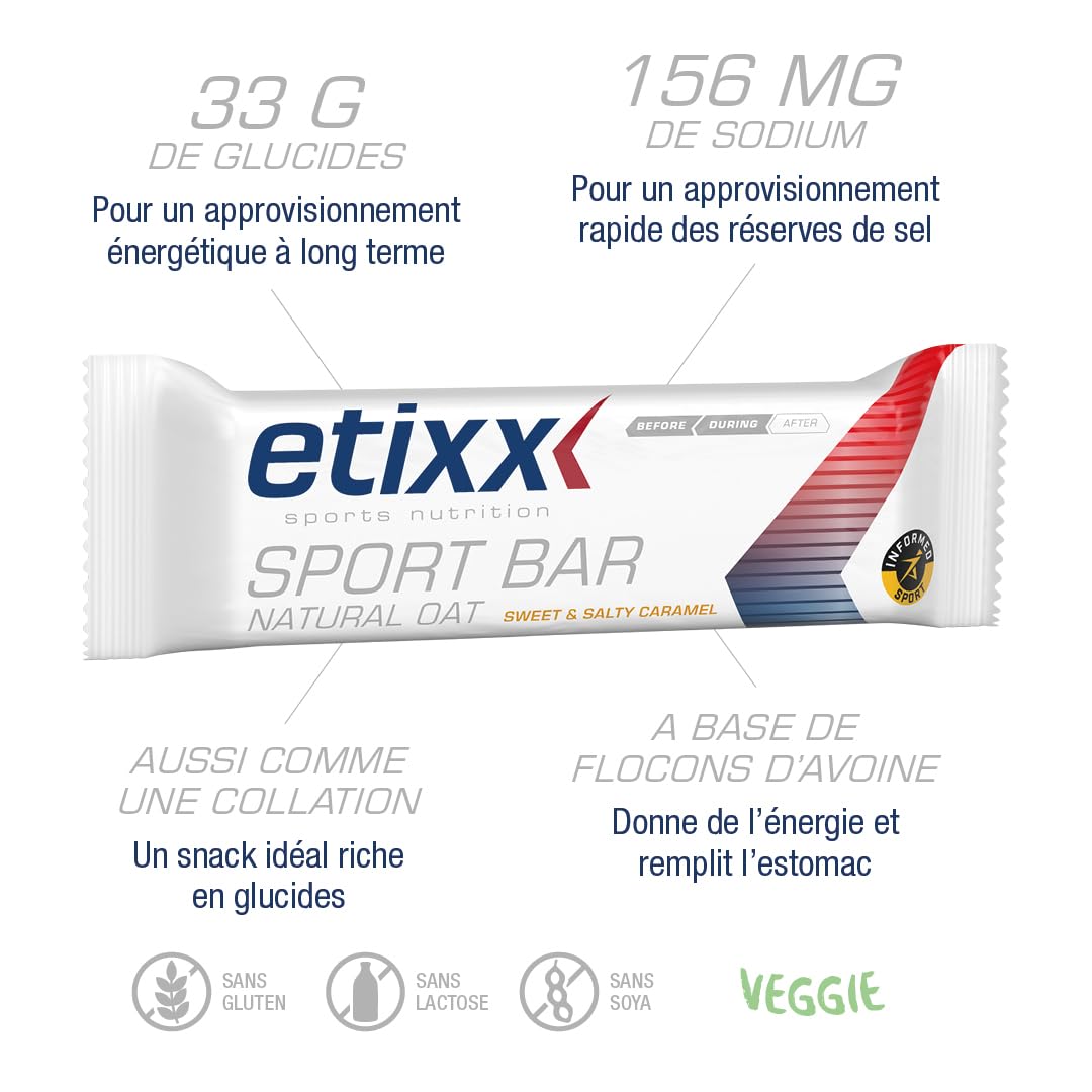 Etixx Natural Oat Sport Bar - Saveur Caramel Sucré et Salé, 12 x 55g - Barre Énergétique Naturelle à Base d'Avoine, Idéale pour Sports d'Endurance