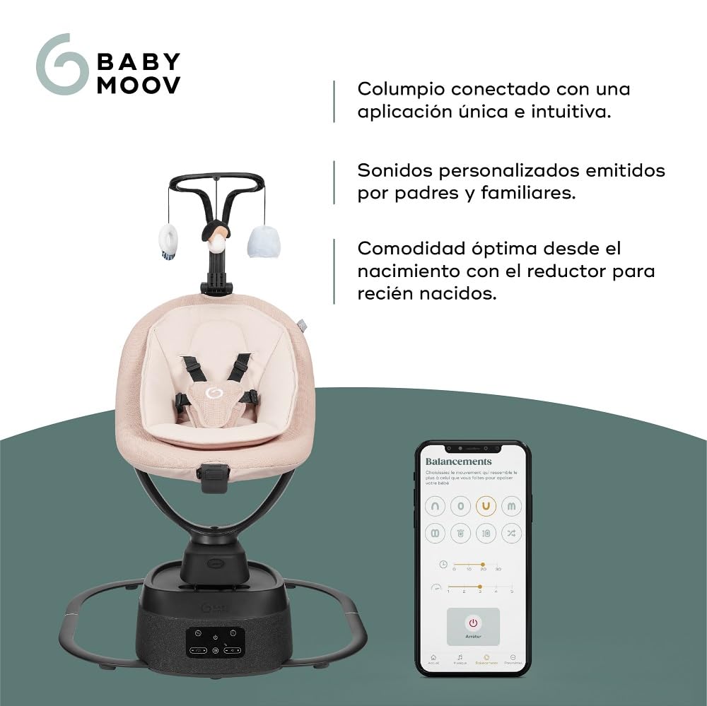 Babymoov Balancín eléctrico bebé Swoon Evolution Mocca - Conectado con aplicación móvil - Streaming musical,grabación de voces,canciones de cuna personalizadas - Asiento de 360°-Reductor recién nacido