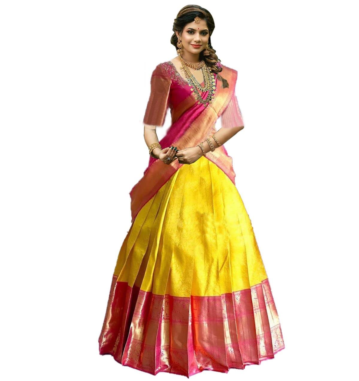 NECWA Women's Unstitched Material Kanjivaram Pattu Silk Traditional Soft HalfSaree For Women Pure Zari Weaving | Lehenga Choli Full Set.
