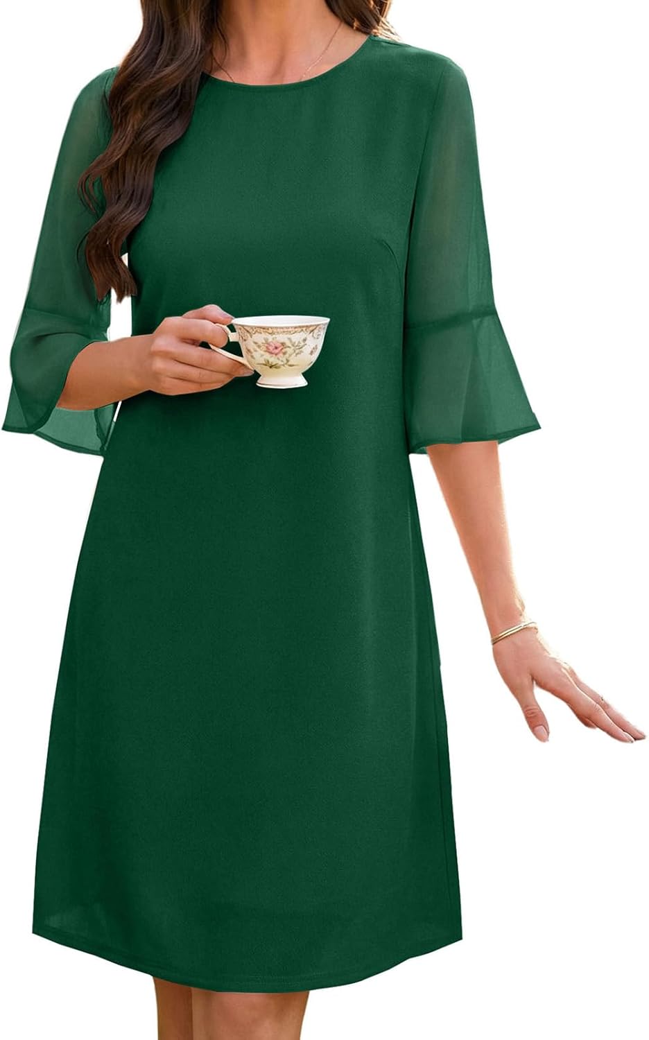 Womens Summer Elegant Bell Chiffon Sleeve Cocktail Dress Crew Neck A Line Wedding Guest Formal Party Short Dresses