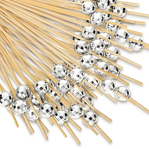 Hushee 300 palillos de dientes decorativos de bola de discoteca para aperitivos, pinchos de bambú elegantes para bebidas, bodas, cumpleaños, discotecas, fiestas, decoraciones largas de madera