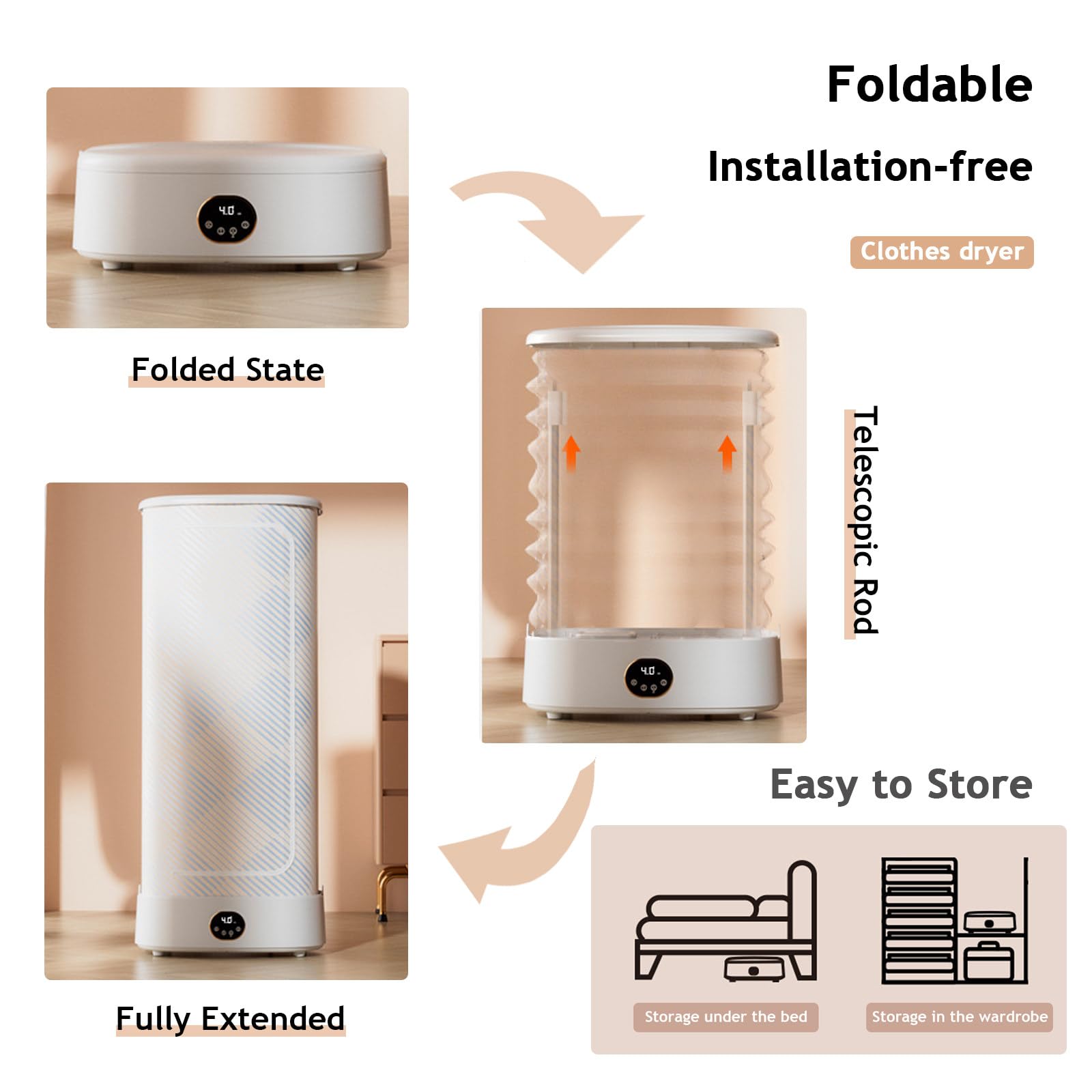 Secadora portátil, Secadora eléctrica con función de Planchado a Vapor y Temporizador de 240 Minutos, Secadora a Vapor Inteligente Plegable para Ropa y Telas, rápida y fácil de Usar