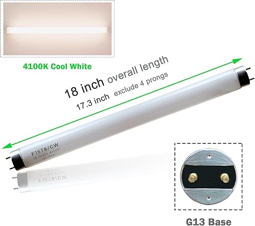 Miniatura 2 de Paquete de 4 bombillas fluorescentes de 18 pulgadas F15T8-CW de 15 W, luz blanca fría, lámpara de tubo recto de 4100 K, tapa mediana G13 bi-pin