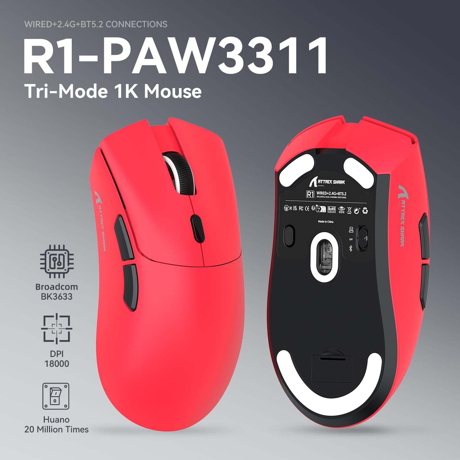 MAMBASNAKE Attack Shark R1 Wireless Gaming Mouse,PAW3311 Optical