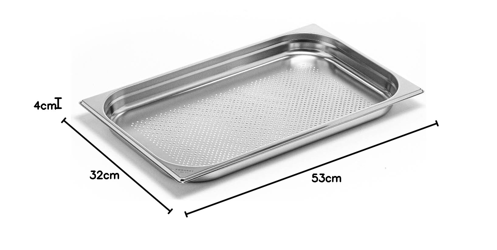 Contenitore Gastronorm in Acciaio Inox GN 1/1, Forato, Dimensioni 53x32,5 cm, Profondità 4 cm, Angoli arrotondati, Lavorazione solida, Trasporto, Conservazione, Riscaldamento alimenti