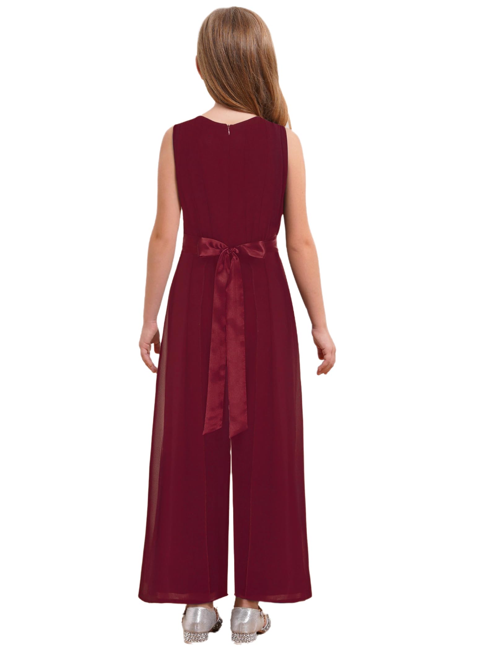 Mädchen Jumpsuit Festlich Overall Elegant Hosenanzug mit Blumen Taillengürtel Weites Bein Hose Festlich Hochzeit Geburtstag Party Outfits Burgundy 158-164