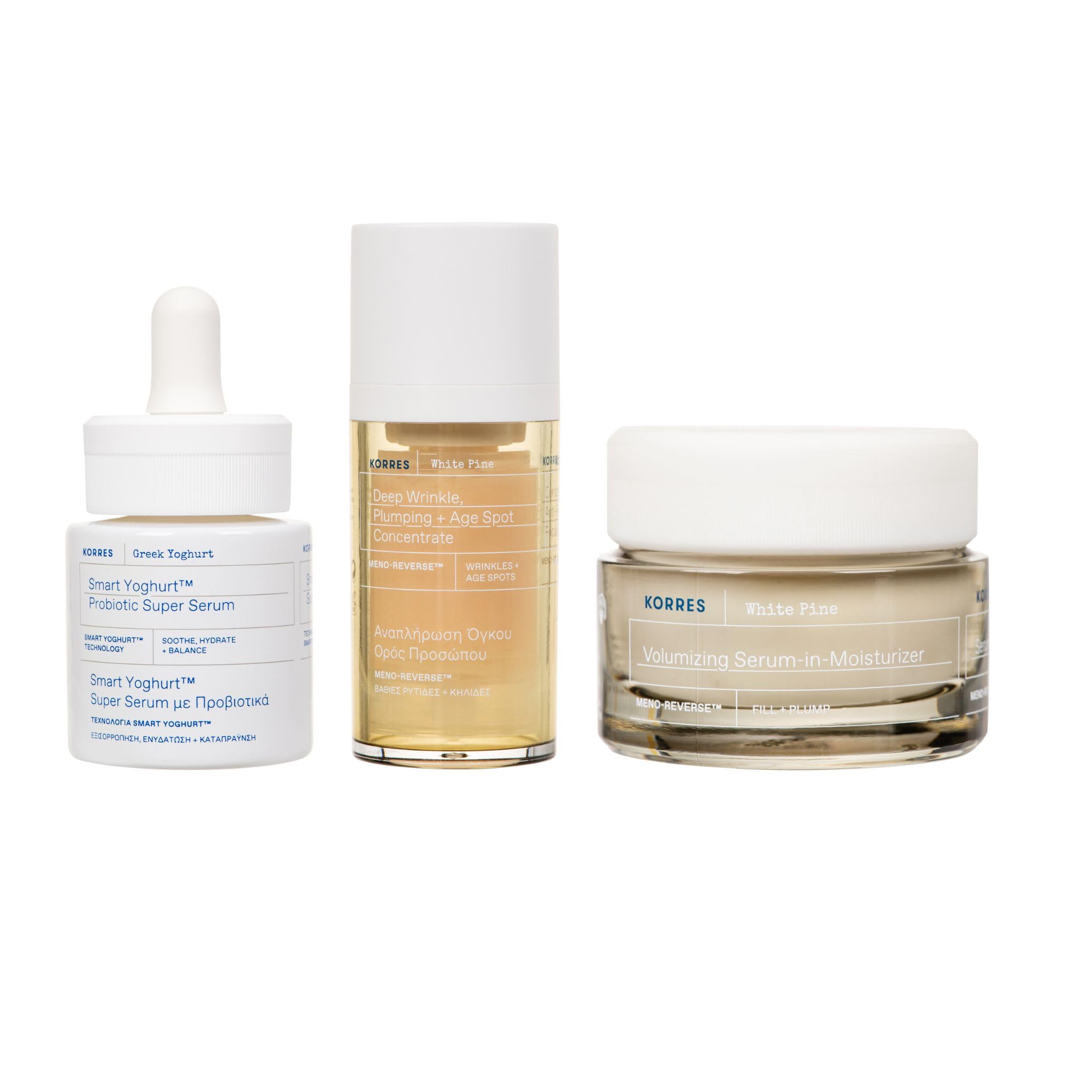 KORRES WHITE PINE Anti-Aging Pflege Wechseljahre – Expert Trio, ab 55, Vorteilsset mit Creme 40ml, Serum 15ml & SMART YOGHURT™ Serum 15ml für Festigkeit, Pflege und ein glatteres Hautbild