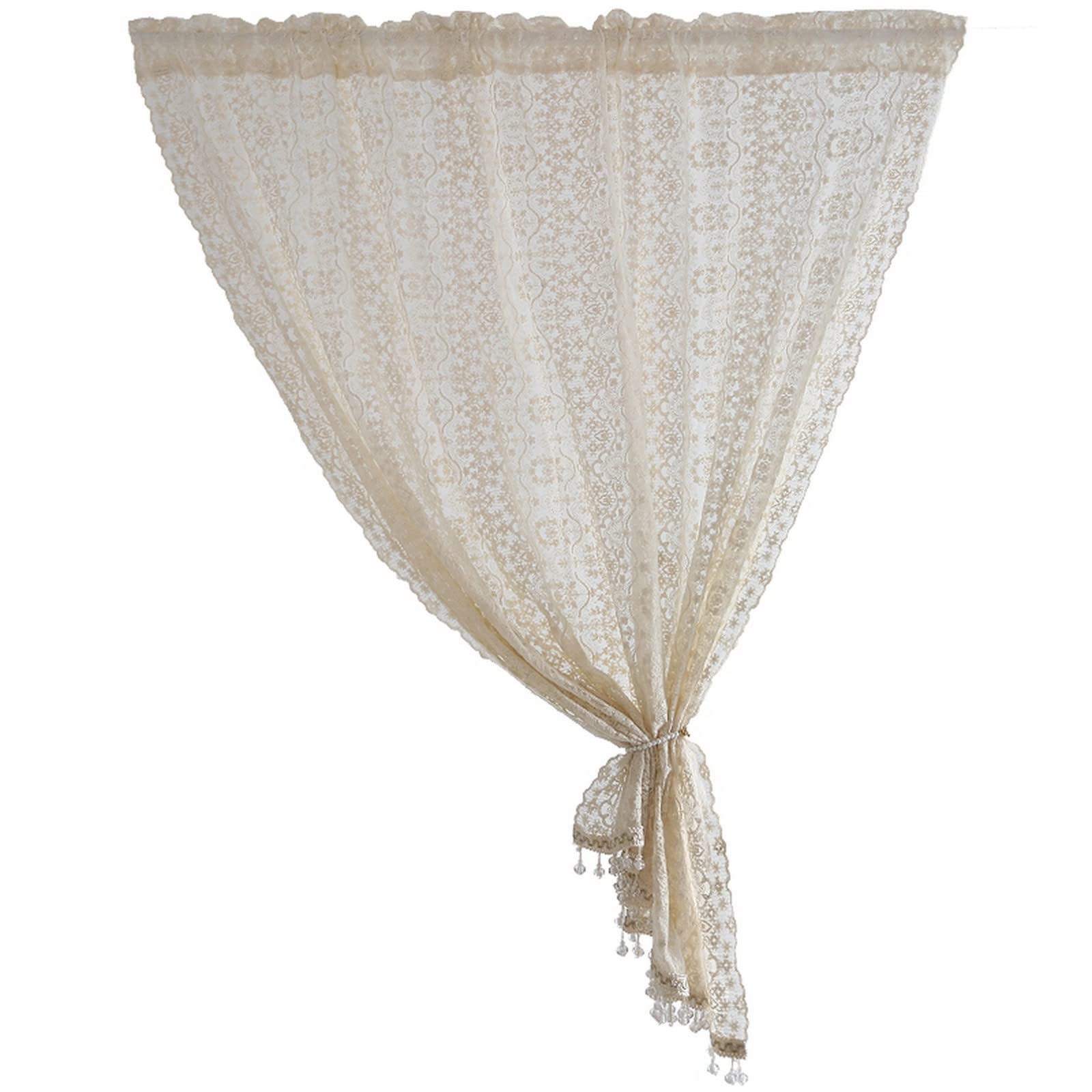 A.Monamour Rideau de Cuisine Court pour Petit Fenêtre - Dentelle Brodée Florale Beige Transparente Rétro Brise-bise à Disques Cantonnières Demi-Rideau Passe-Tringle pour Bistro Café