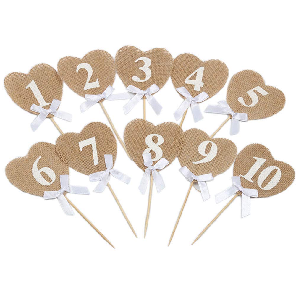 Vintage Hessian Burlap Heart Table Numbers 1-10 Wedding Party Decor