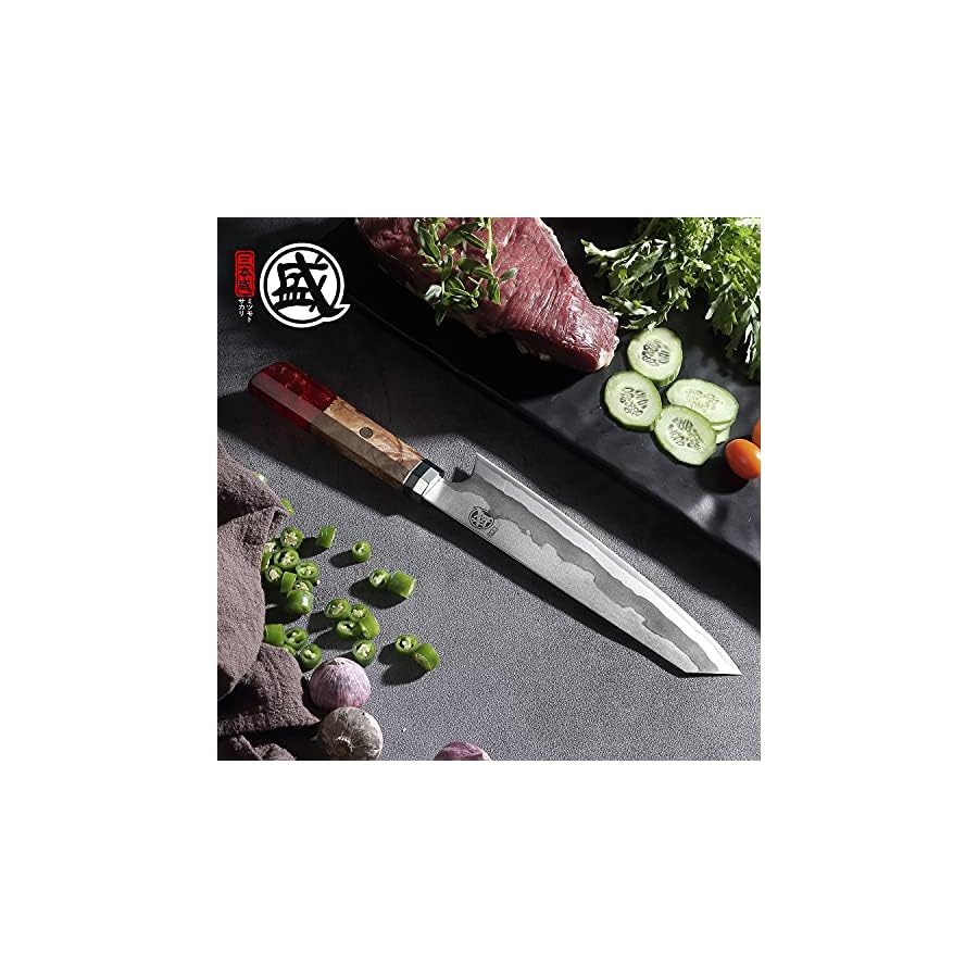 MITSUMOTO-SAKARI-8-inch-Japanese-Kiritsuke-Chef-Knife-Hand-Forged-67-Layers-440C-Damascus-Steel-Kitchen-Knives-Professional-Meat-Sushi-Chefs-Knife-Red-Pomegranate-Handle-Gift-Box MITSUMOTO SAKARI 8 inch Japanese Kiritsuke Chef Knife, Hand Forged 67 Layers 440C Damascus Steel Kitchen Knives, Professional Meat Sushi Chef's Knife (Red Pomegranate Handle & Sandalwood Box)