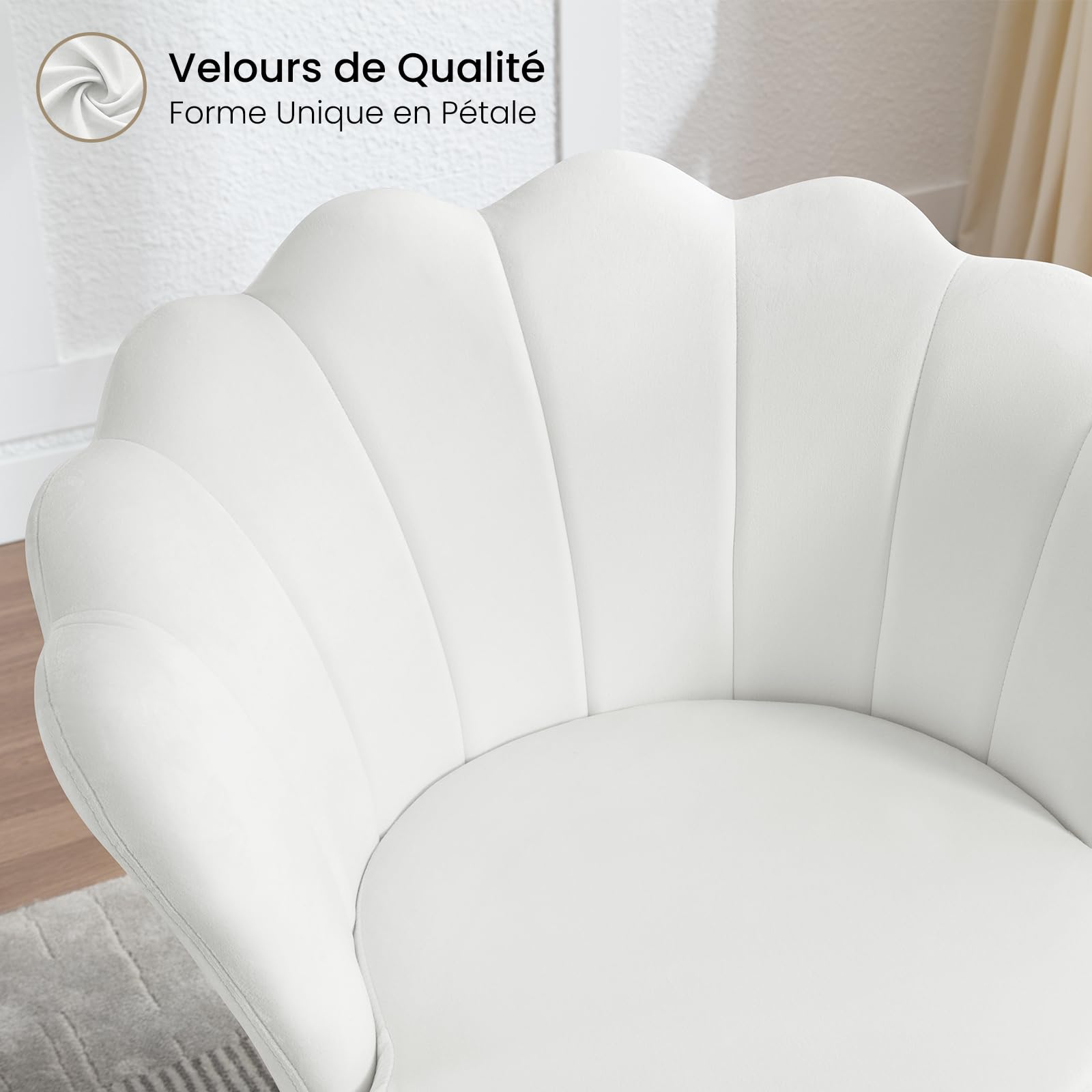 WOLTU Fauteuil Salon, Fauteuil Coquillage, Dossier en Forme de Pétale, en Velours, Pieds en Métal, Blanc, SKS49ws