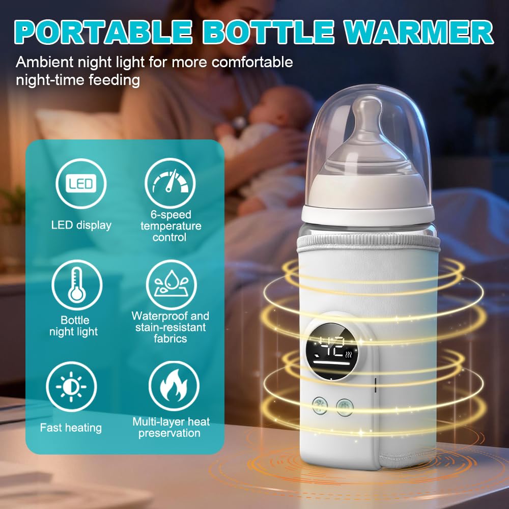 Chauffe-biberon portable pour bébé, plug-in, chauffe-biberon portable pour bébé en déplacement, 6 températures réglables 38-50 °C, chauffe-biberon avec écran LCD, blanc