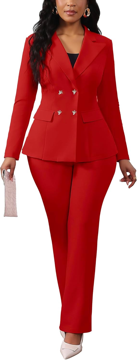 Pant Suits for Women Dressy Business Casual Outfits Long Sleeve Blazer Jacket Wide Leg Pant Sets Work Office Suits