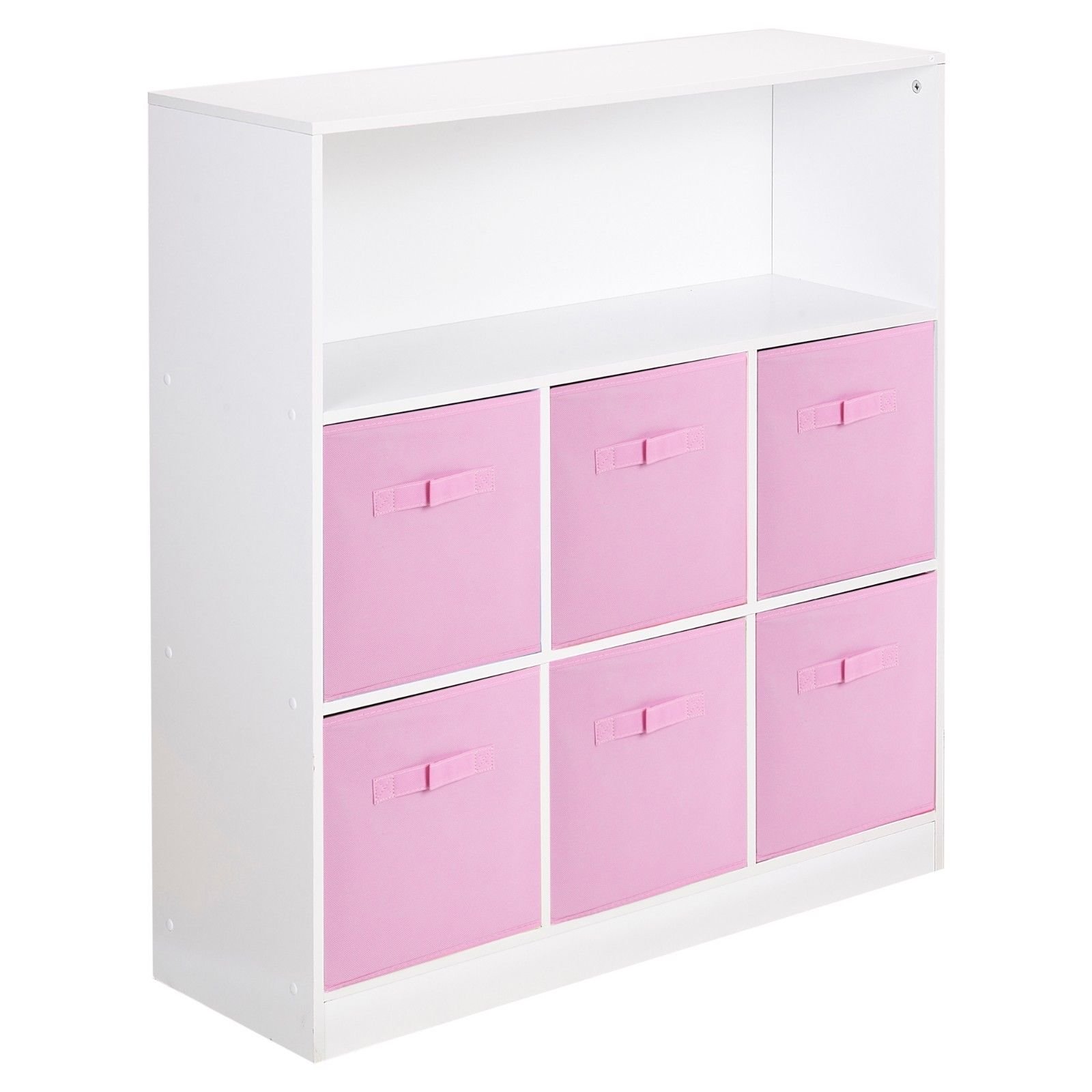 URBNLIVING White Wide 7 Cube Bookcase + 6 Light Pink Non Woven Drawers