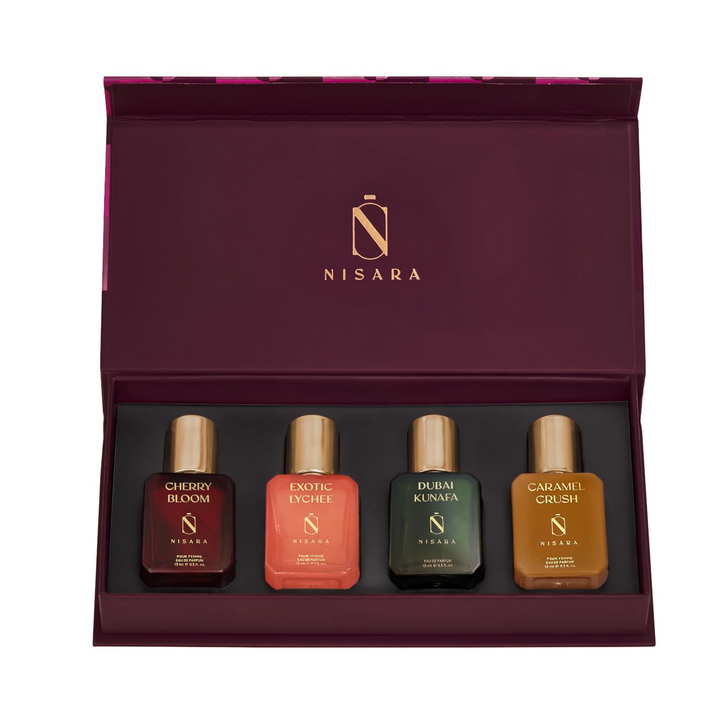 Nisara Long Lasting Gourmet Edition Perfume Diwali Gift Set 4x15ml(60ml) | Notes:- Fruity- Floral, Pistachio, Caramel, Vanilla with | Cherry Bloom | Exotic Lychee | Dubai Kunafa | Caramel Cursh | Travel & Pocket-friendly perfume for Woman kit for all moods & occasions | Ideal gift for Women, Wife, Friend, Girlfriend-picture-32