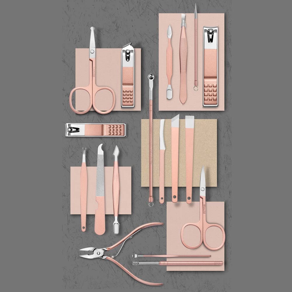 Zestaw do manicure, Zestaw do manicure, Zestaw do Zestaw 18 szt. nożyczek do paznokci ze stali nierdzewnej, różowe złoto, srebro, nożyczki do manicure, nożyczki do paznokci, pilnik do uszu, narzędzie